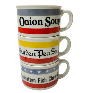 Lot Of 3 Vintage Soup Cups Manhattan Fish Chowder Onion Garden Pea Soup Mugs